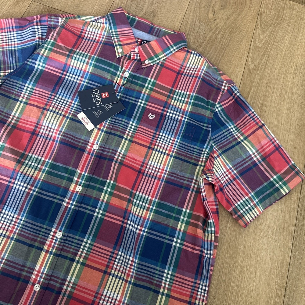 Chaps Men's Short Sleeve Plaid Button Shirt Logo Colorful Stretch Medium NEW